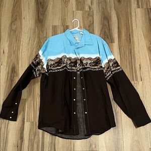 Roper Blue and Brown Casual Button Down Shirt